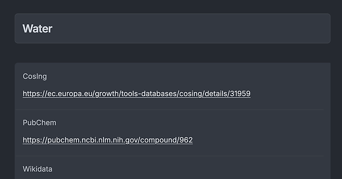 Screenshot of CosIng link in chemical view