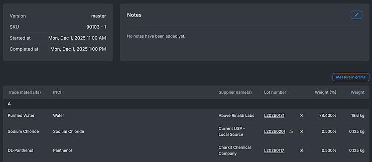 Screenshot of batch page with lot