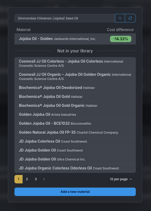 Screenshot of the cost differences